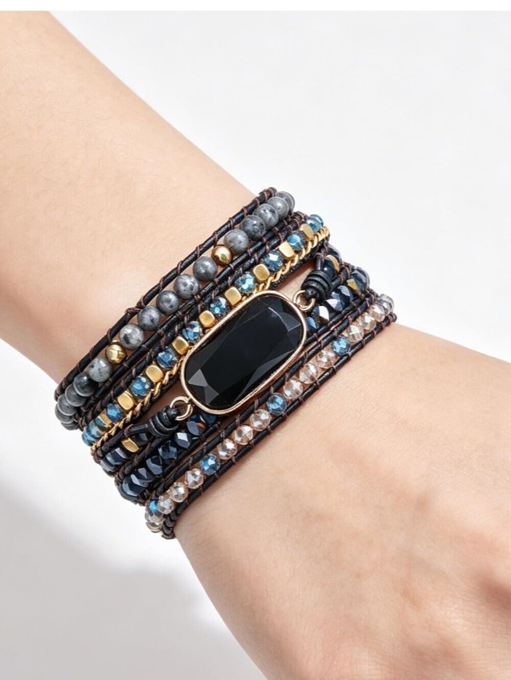 Multi-Strand Beaded Wrap Bracelet with Black Center Stone